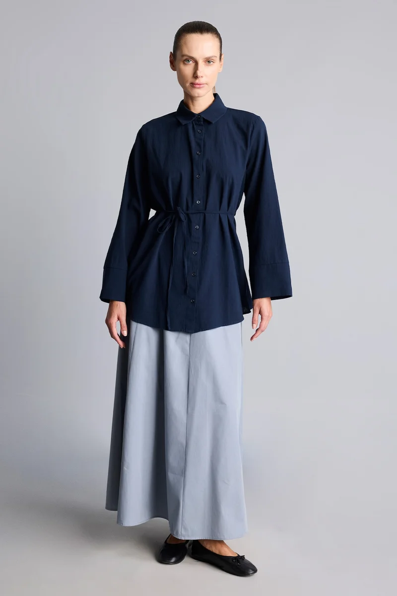ديفاكتو Regular Fit Belted Cotton Long Sleeve Tunic
