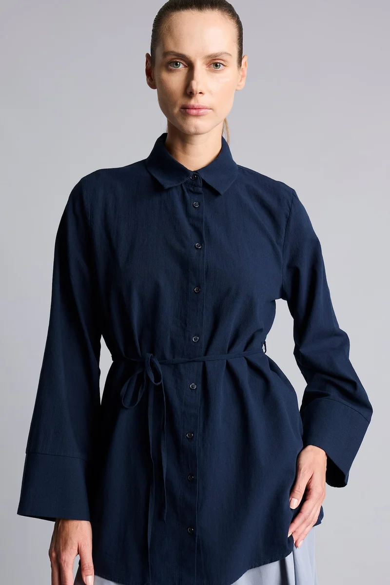 Regular Fit Belted Cotton Long Sleeve Tunic