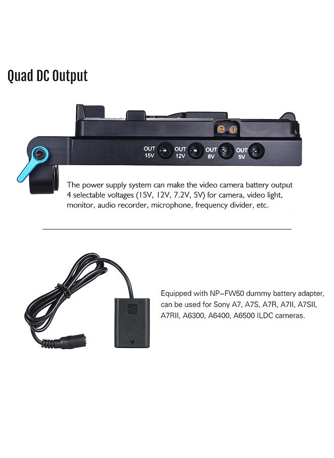 ANDOER - V Mount V-lock Battery Plate Adapter with 15mm Dual Hole Rod Clamp NP-FW50 Dummy Battery Adapter for BMCC BMPCC Sony A7 A7S A7R A7II A7SII A7RII A6300 A6400 A6500 - Image 1