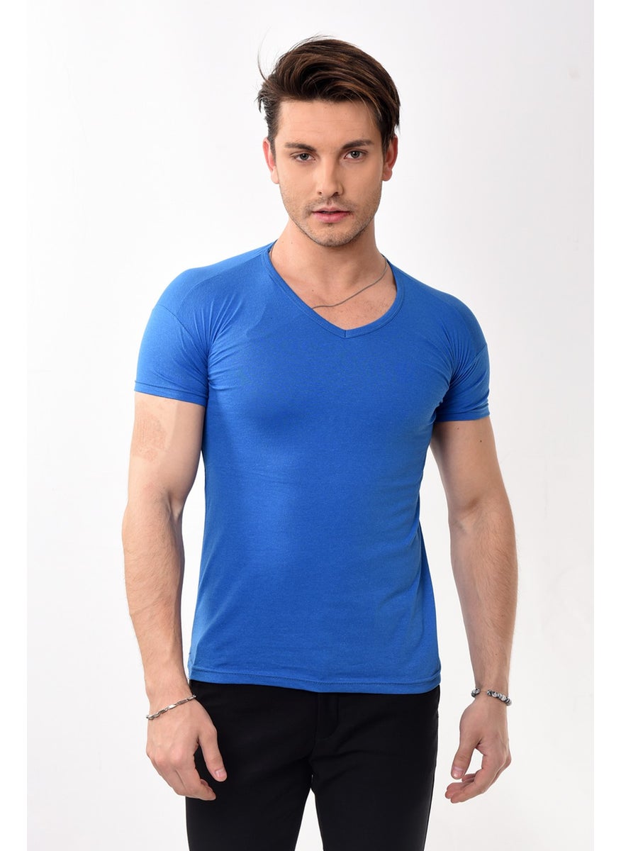 Belifanti Collection تي شيرت رجالي ضيق بسيط بياقة على شكل V لون أزرق ساكس  - Image 1