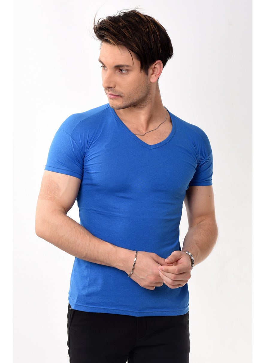 Belifanti Collection تي شيرت رجالي ضيق بسيط بياقة على شكل V لون أزرق ساكس  - Image 2