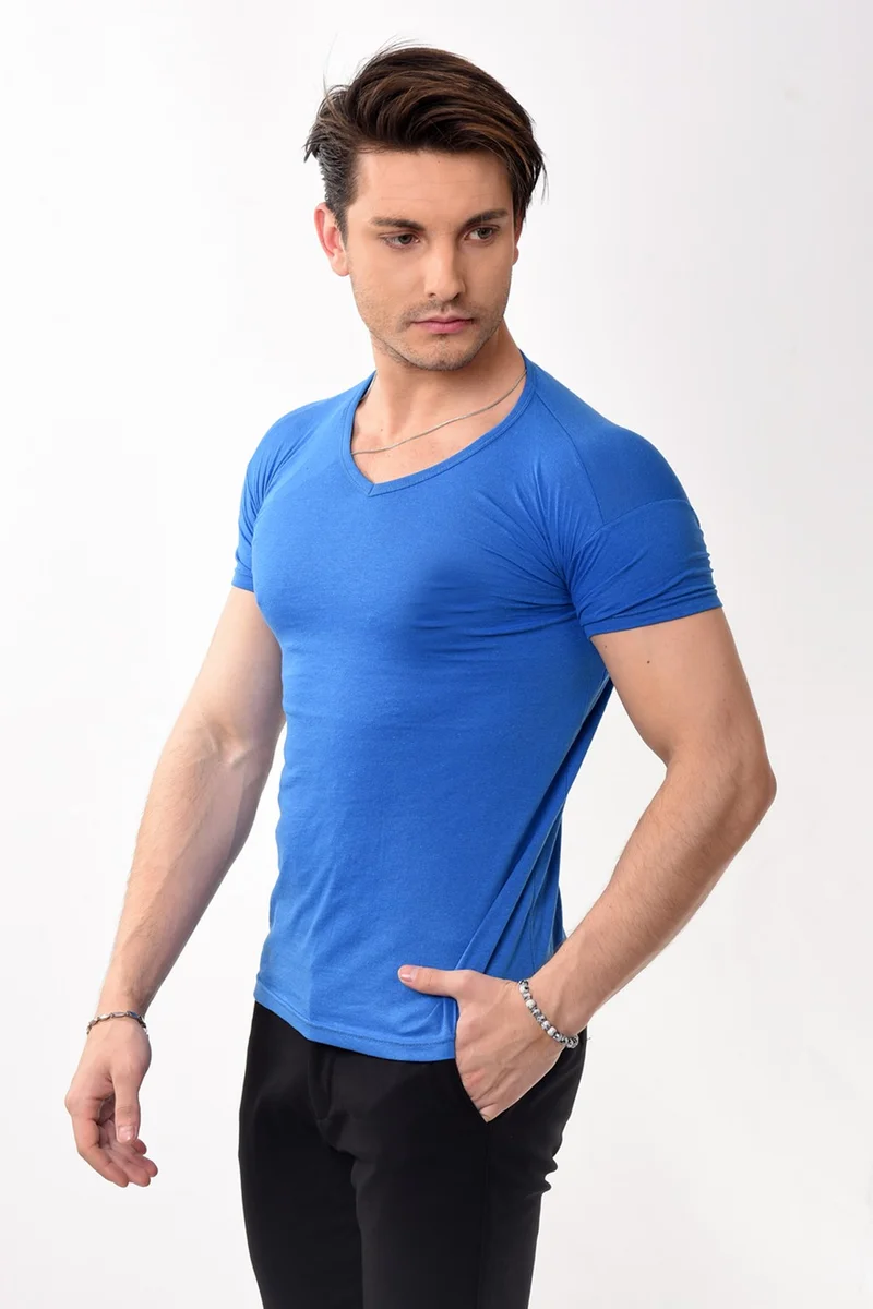 بيليفانتي كولكشن V-Neck Basic Slim Fit Men's T-Shirt Saks Blue