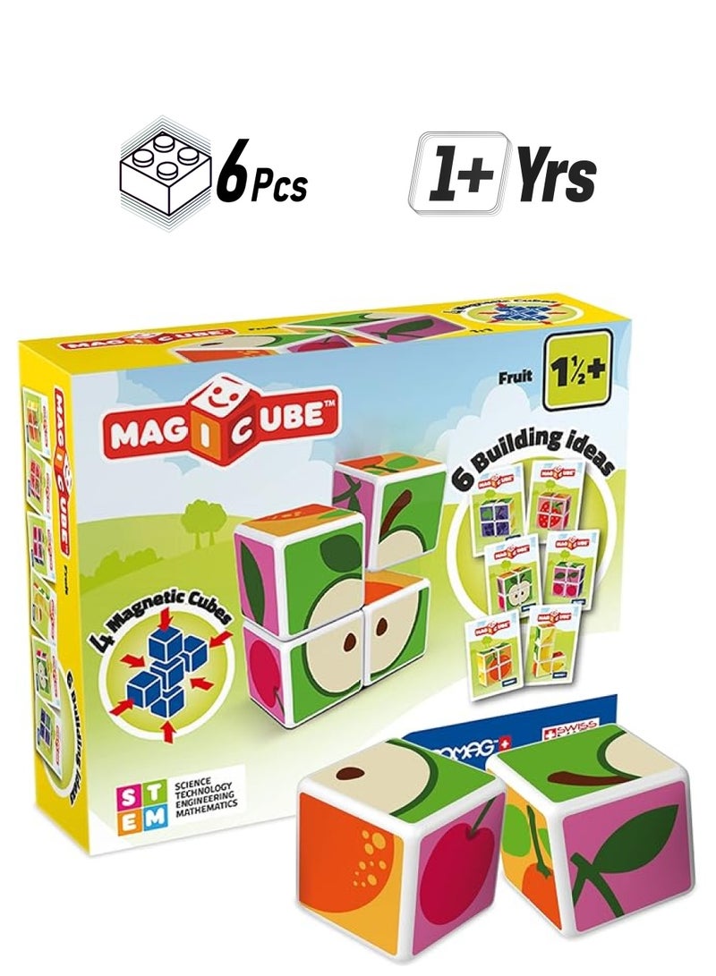 GEOMAG Magicube Printed Fruit Building Set Plus Idea Cards Stem Educational Magnet Toys Swiss Made 100 Percent Recycled Magnetic Toys Open Ended Construction Educatioal Toy Ages 1Yr Plus 6 Cubes 3 Cards - Image 1