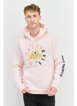 Men Hooded Embroidered Long Sleeves Sweatshirt, Pink combo