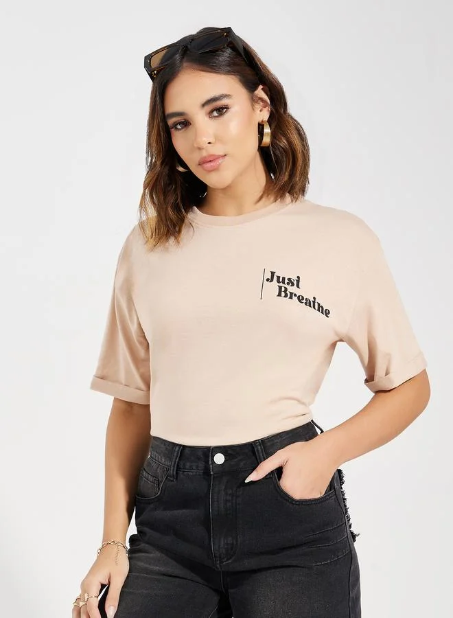 ستايلي Oversized Dropped Shoulder Slogan Print T-Shirt