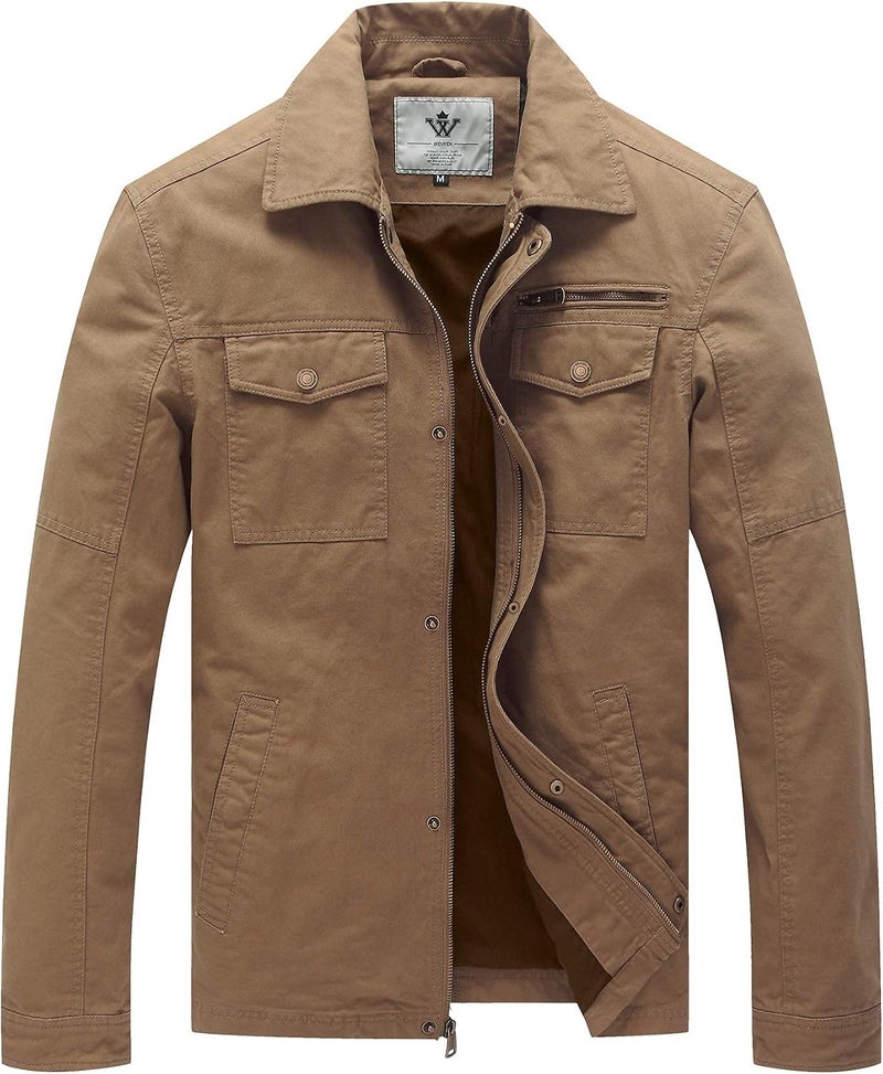 WenVen Men's Casual Canvas Cotton Military Lapel Jacket - Khaki, XL - Image 1