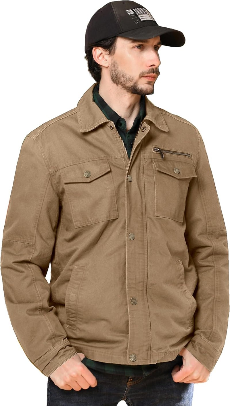 WenVen Men's Casual Canvas Cotton Military Lapel Jacket - Khaki, XL - Image 2