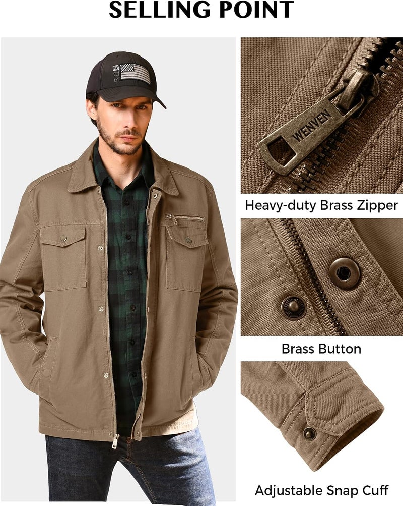 WenVen Men's Casual Canvas Cotton Military Lapel Jacket - Khaki, XL - Image 5