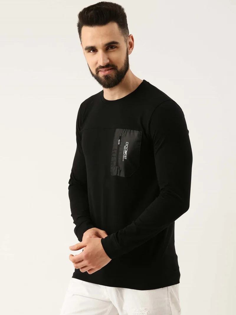 Maniac Maniac Mens Printed Round Neck Full Sleeve Black Cotton Slim Fit Tshirt