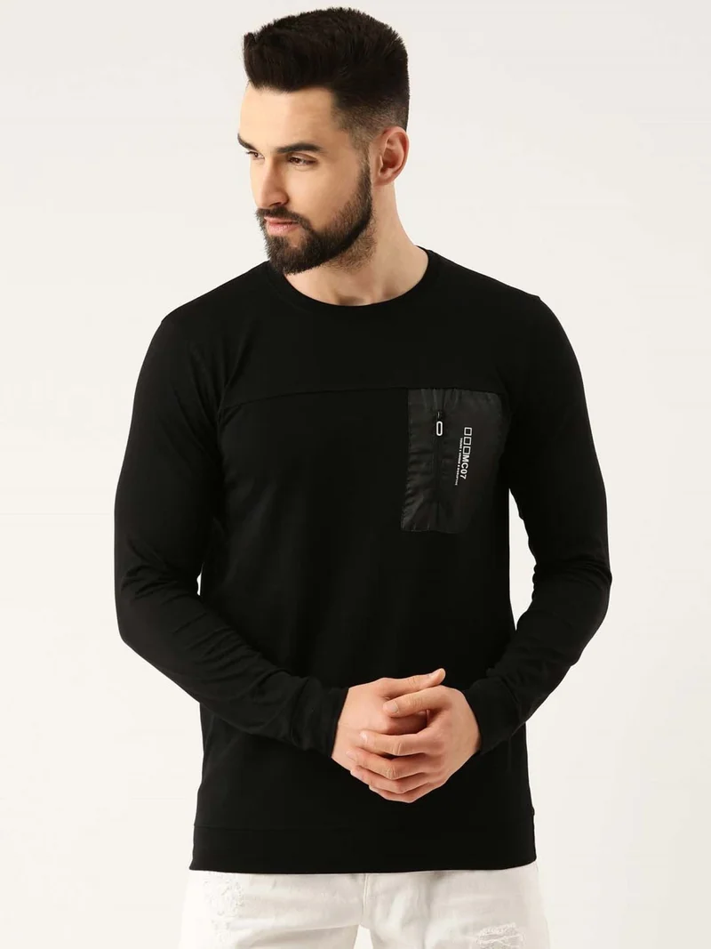 Maniac Maniac Mens Printed Round Neck Full Sleeve Black Cotton Slim Fit Tshirt