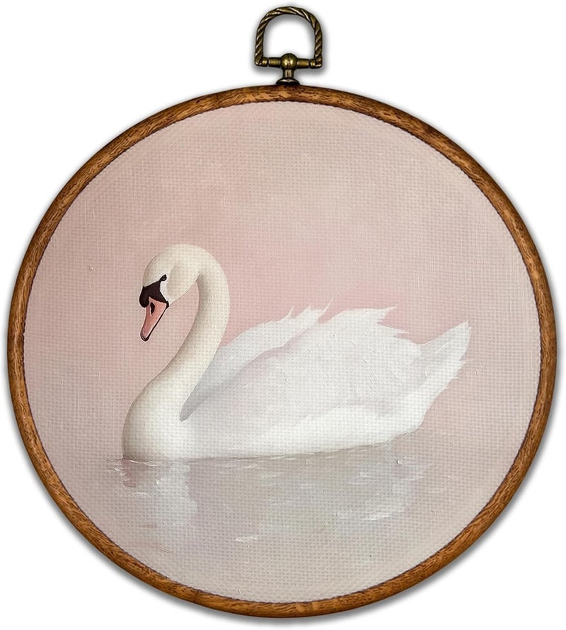 BCUANGD Swan Round Wall Art Decor  Vintage Animal Coquette Wall Art Canvas Frame Artwork Prints Trendy Preppy Round Wall Hanging Decorations for Home Bedroom Girls Room Nursery 10x10 - Image 1
