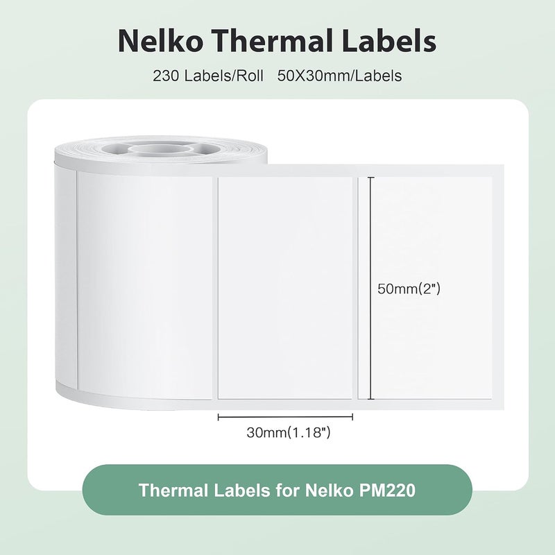 Nelko Thermal Labels for PM220 Label Printer, 50 x 30 mm, Waterproof, Multifunction Label Tape, 1 Roll of 230 Sheets Self-Adhesive Thermal Paper Labels (White) - Image 2