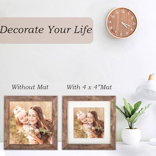 ORIVAN 6x6 Square Picture Frame Display Picture 4x4 with Mat or 6x6 without Mat Distressed Brown Wood Grain Photo Frame for Wall and Tabletop Decoration - Image 2