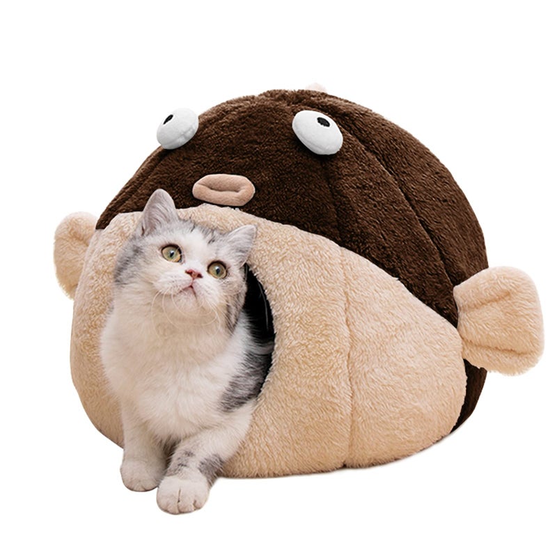 Lcybem Cat Beds for Indoor Cats Cat Bed Cave with Removable Washable Cushioned Pillow Soft Plush Premium Cotton No Deformation Pet Bed Lively Pufferfish cat House Design Brown Multiple Sizes - Image 2