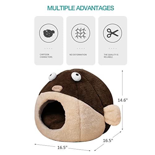 Lcybem Cat Beds for Indoor Cats Cat Bed Cave with Removable Washable Cushioned Pillow Soft Plush Premium Cotton No Deformation Pet Bed Lively Pufferfish cat House Design Brown Multiple Sizes - Image 3