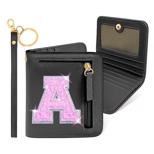 COSHAYSOO Initial RFID Wallet Small Teen Girl Gifts Trendy Stuff Women Birthday Graduation Easter Gift Idea for Girls 6 7 8 9 10 11 12 13 14 Year Old Preppy Cute Girly Travel Necessities Black A - Image 1
