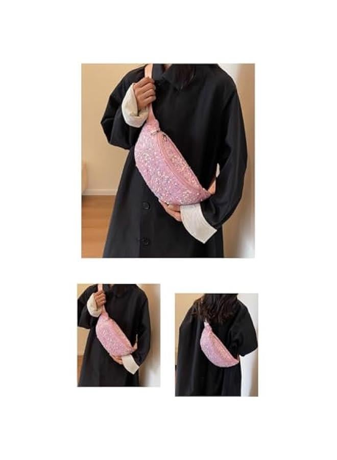 Women Girls Waist Bag Fanny Pack Shiny Sequin Waist Pouch Chest Crossbody Belt Bags Adjustable for Sports Daily,Pink A#  - Image 4