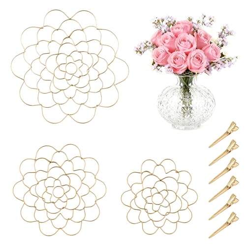 hurifeng 3Pcs Flower Arrangement Holder Set- Stainless Steel Floral Grid Organizer - Wire Frog Insert for Vases Bouquets DIY Home Decor(Gold) - Image 1