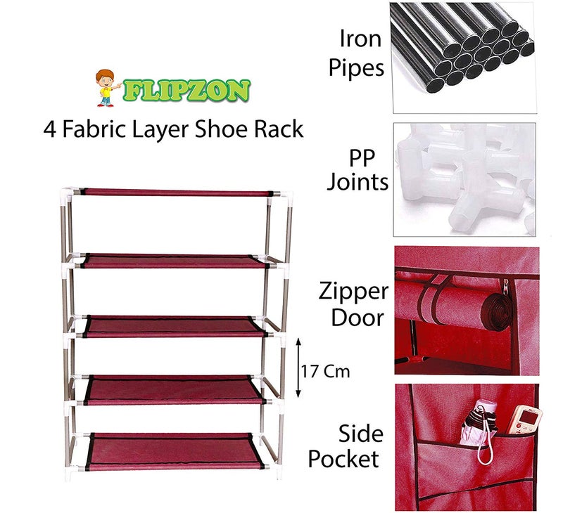 FLIPZON Multipurpose 4-Tiers Shoe Rack with Dustproof Zip Cover, Multiuse Wide Space Storage Rack made by Non Woven Fabric for footwear, Toys, clothes (4 Shelves) (Maroon), Plastic Non Woven, Cm - Image 3