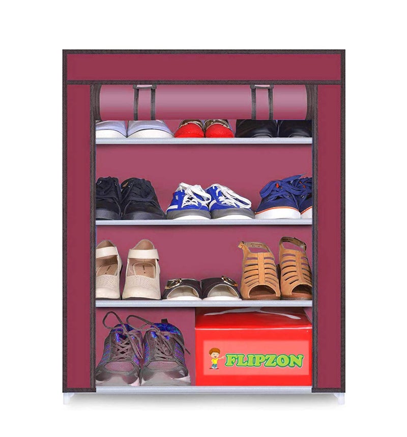 FLIPZON Multipurpose 4-Tiers Shoe Rack with Dustproof Zip Cover, Multiuse Wide Space Storage Rack made by Non Woven Fabric for footwear, Toys, clothes (4 Shelves) (Maroon), Plastic Non Woven, Cm - Image 4