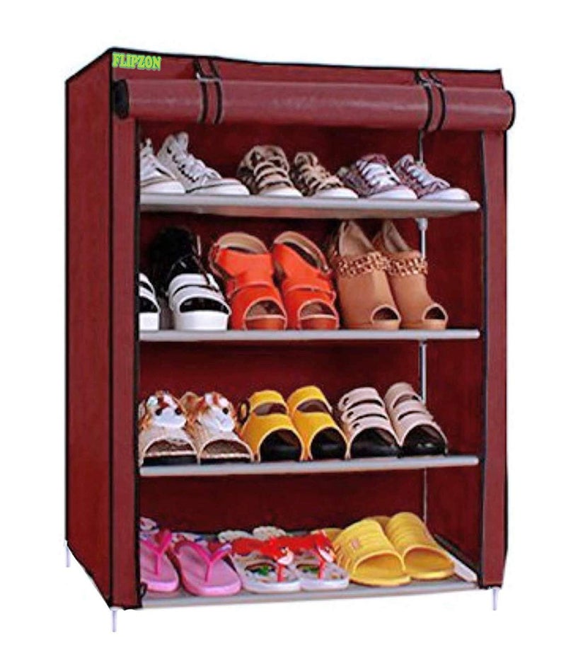 FLIPZON Multipurpose 4-Tiers Shoe Rack with Dustproof Zip Cover, Multiuse Wide Space Storage Rack made by Non Woven Fabric for footwear, Toys, clothes (4 Shelves) (Maroon), Plastic Non Woven, Cm - Image 1