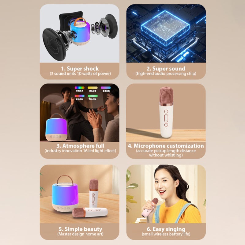 Mini Karaoke Machine: White 1800mAh Battery High-Quality Dolby Stereo Sound - Advanced Voice Beautifying Noise Reduction Wireless BT 5.3 Karaoke Speaker for Home Parties Solo Singing - Image 2