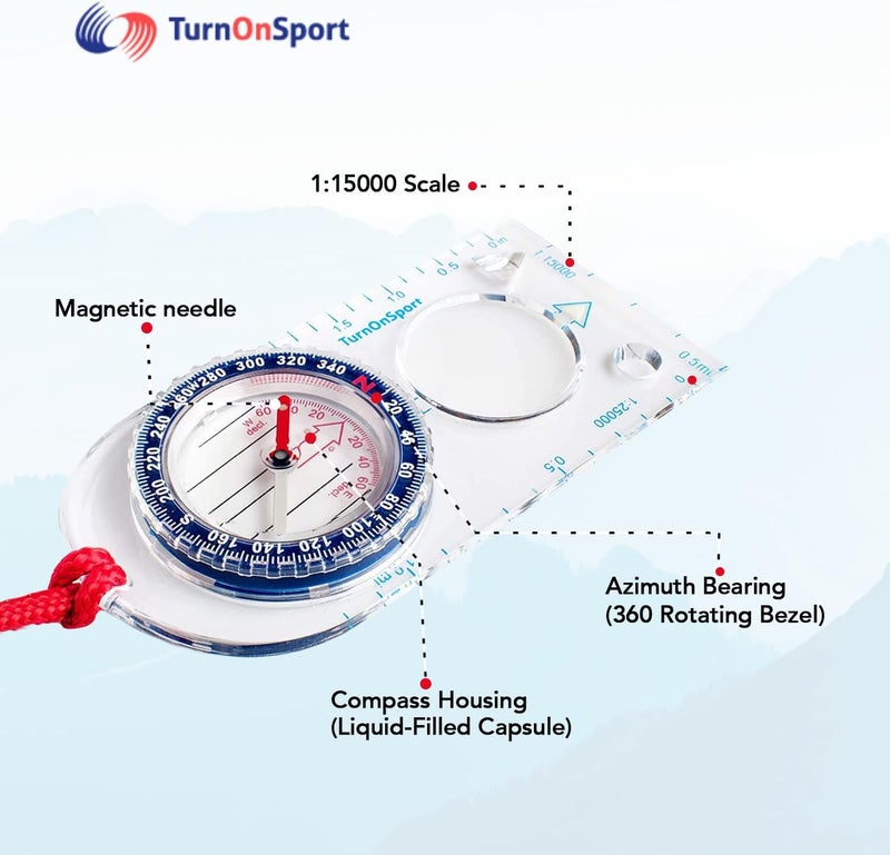 TurnOnSport بوصلة التوجيه - بوصلة للتنزه والتخييم | بوصلة متقدمة للمسح والتنقل | بوصلة كشاف للأطفال - بوصلات للأطفال لقراءة الخرائط - بوصلة قاعدة للبقاء على قيد الحياة - Image 3