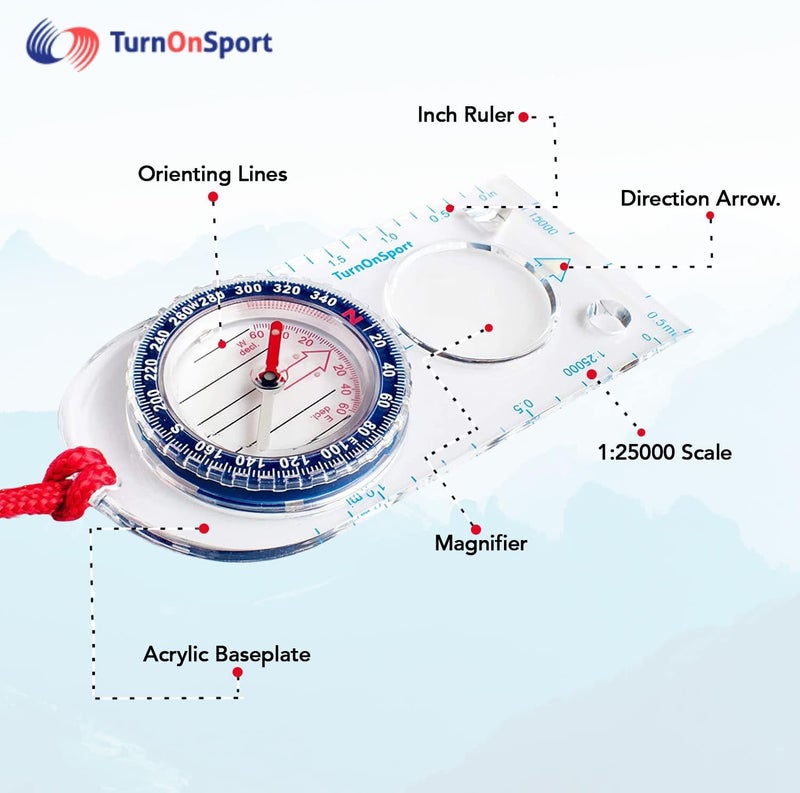 TurnOnSport بوصلة التوجيه - بوصلة للتنزه والتخييم | بوصلة متقدمة للمسح والتنقل | بوصلة كشاف للأطفال - بوصلات للأطفال لقراءة الخرائط - بوصلة قاعدة للبقاء على قيد الحياة - Image 2