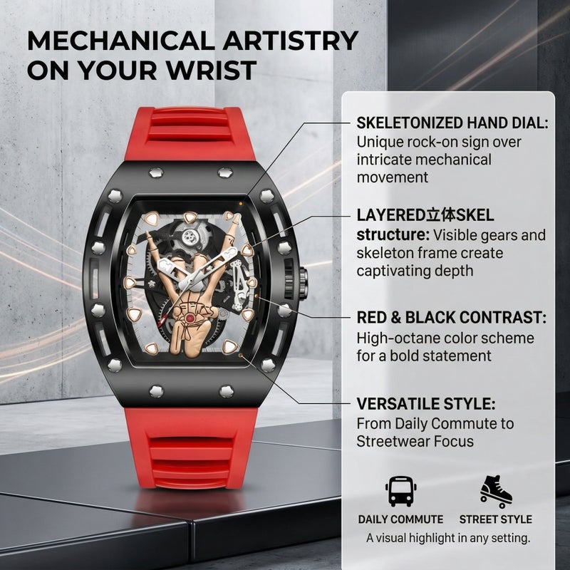 KIMSDUN Men's Skeleton Analog Watch - Silicone Black - Image 4