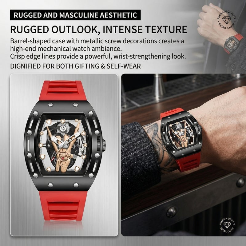 KIMSDUN Men's Skeleton Analog Watch - Silicone Black - Image 3