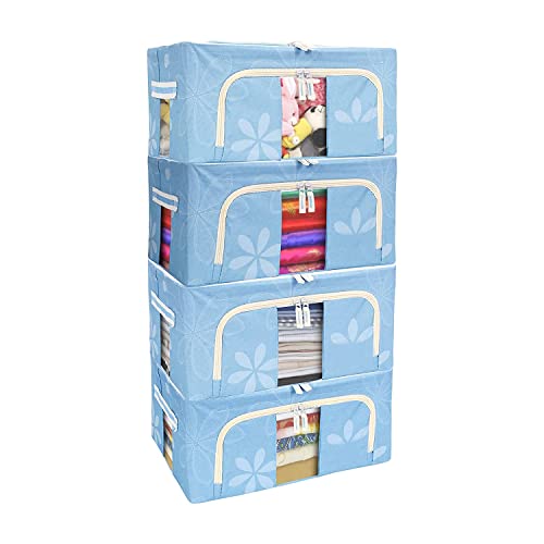 FLYNGO Foldable Steel Frame Clothes Organizer Storage Box for Wardrobe, Saree, Shirts, and Blankets (24 Ltr - Pack of 4, Oxford Fabric) - Image 1