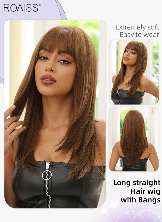 roaiss Long Straight Hair Wig with Bangs for Women, Natural Soft Synthetic Heat Resistant Hair Wig for Wedding Cosplay Party Daily Wear, Dark Brown, 55cm (22 inches) - Image 1