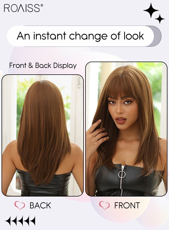 roaiss Long Straight Hair Wig with Bangs for Women, Natural Soft Synthetic Heat Resistant Hair Wig for Wedding Cosplay Party Daily Wear, Dark Brown, 55cm (22 inches) - Image 2
