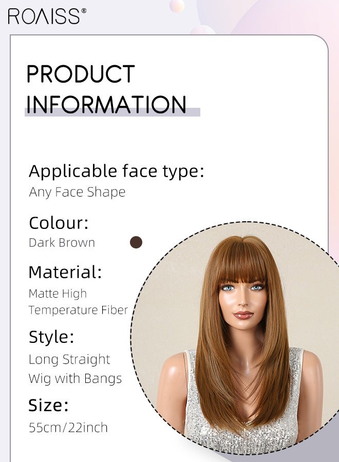 roaiss Long Straight Hair Wig with Bangs for Women, Natural Soft Synthetic Heat Resistant Hair Wig for Wedding Cosplay Party Daily Wear, Dark Brown, 55cm (22 inches) - Image 3