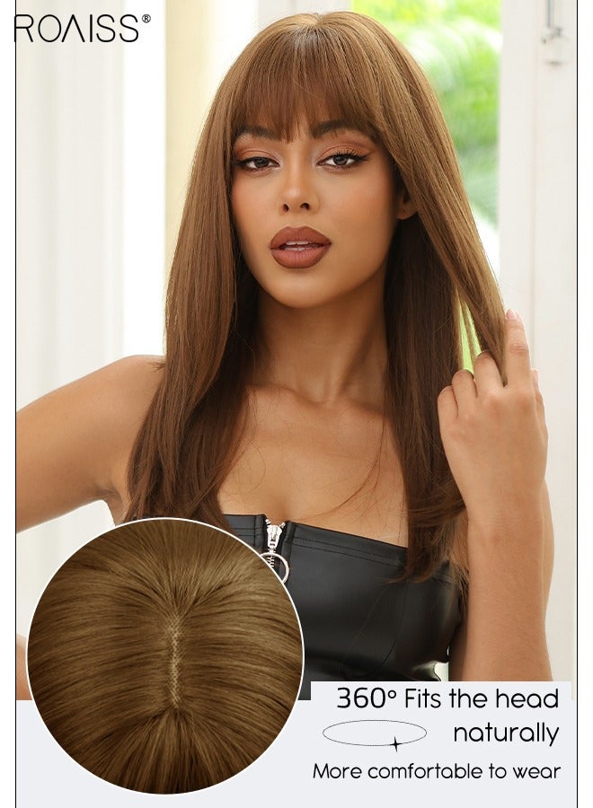 roaiss Long Straight Hair Wig with Bangs for Women, Natural Soft Synthetic Heat Resistant Hair Wig for Wedding Cosplay Party Daily Wear, Dark Brown, 55cm (22 inches) - Image 4