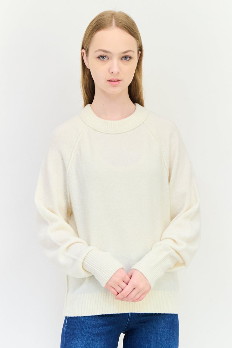 Aerie Women Ribbed Collar Knitted Sweater, Off White - Image 1