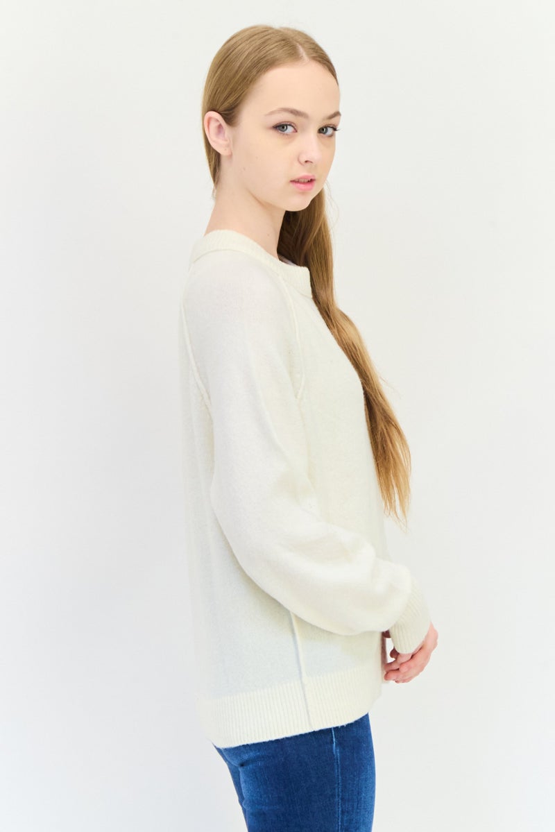 Aerie Women Ribbed Collar Knitted Sweater, Off White - Image 3