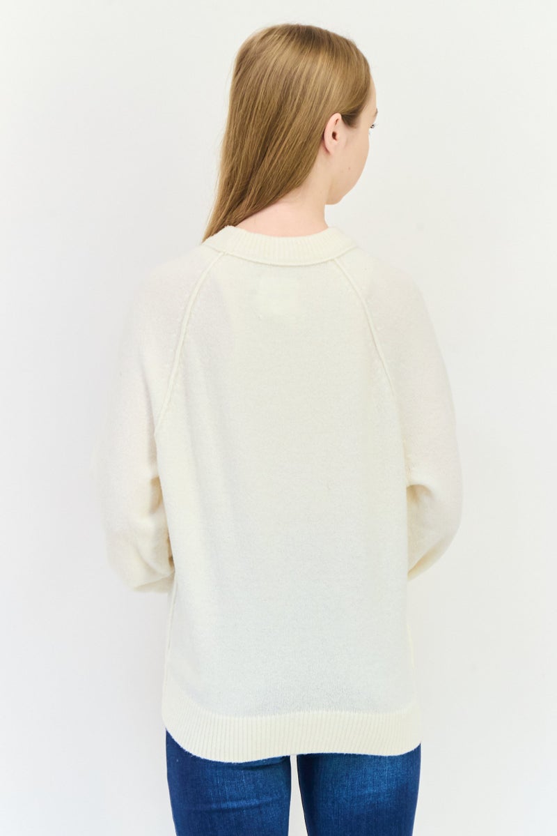 Aerie Women Ribbed Collar Knitted Sweater, Off White - Image 4