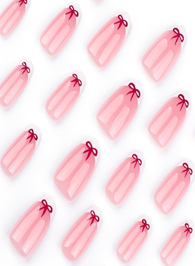 Hrnsnails Valentines Nails - Almond Press On Nails Short White French Fake Nail With Red Bow Simple Designs Acrylic Artificial Glue On False Nail Press Ons Stick On Nails for Women Girls - Image 3