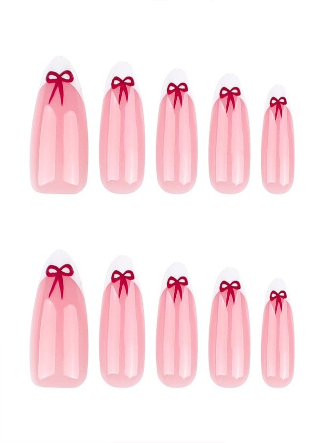 Hrnsnails Valentines Nails - Almond Press On Nails Short White French Fake Nail With Red Bow Simple Designs Acrylic Artificial Glue On False Nail Press Ons Stick On Nails for Women Girls - Image 5