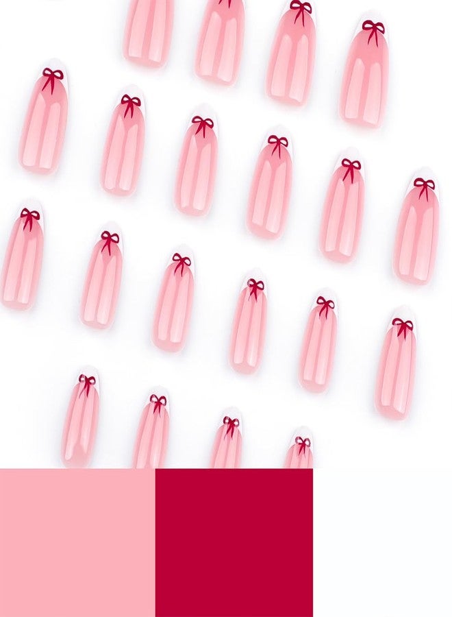 Hrnsnails Valentines Nails - Almond Press On Nails Short White French Fake Nail With Red Bow Simple Designs Acrylic Artificial Glue On False Nail Press Ons Stick On Nails for Women Girls - Image 4