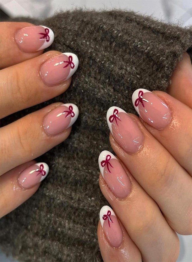 Hrnsnails Valentines Nails - Almond Press On Nails Short White French Fake Nail With Red Bow Simple Designs Acrylic Artificial Glue On False Nail Press Ons Stick On Nails for Women Girls - Image 1