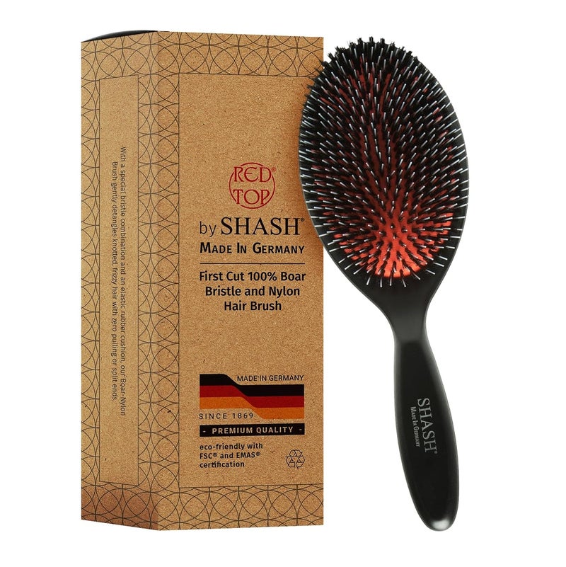 SHASH Since 1869 Hand Made In Germany - Nylon and 100% First Cut Boar Bristle Brush Suitable For Normal to Thick Hair - Gently Detangles, No Pulling or Split Ends - Softens Improves Texture, (Large) - Image 1