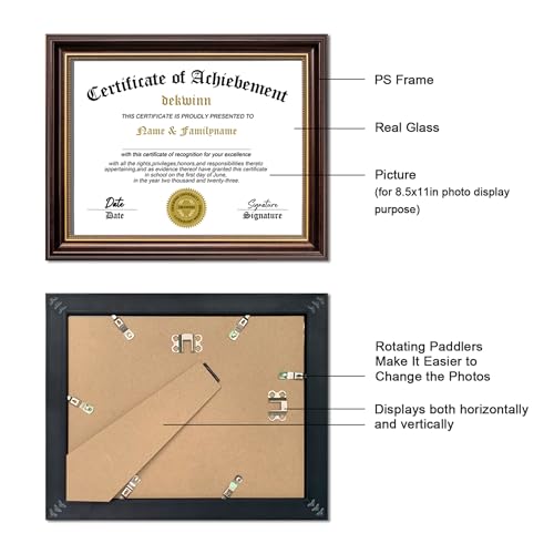 DEKWINN,8.5x11 Diploma Frames Certificate Document Frame,1 Pack Reddish Brown/Gold Trim with Real Glass for Wall Gallery or Tabletop display, Without Mat - Image 2