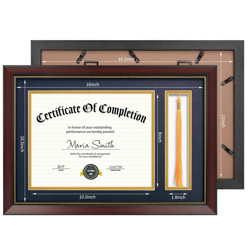 GiftMust إطار دبلوم 11x16.5 مع حامل شريطة لشهادة 8.5x11، إطار دبلوم بلون الماهوجني مع زجاج حقيقي، وسادات مزدوجة زرقاء فوق الذهب، عرض شهادة 8.5x11 وشريطة واحدة - Image 5