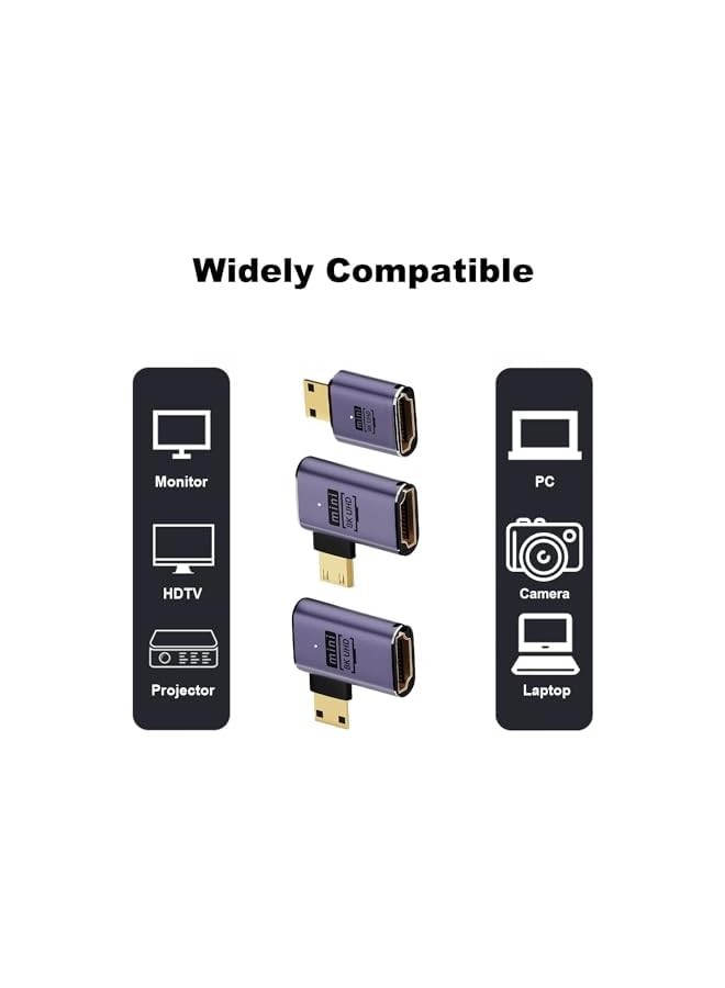 Excefore Mini Hdmi To Hdmi Adapter 8K 3 Pcs 90 Degree Left And Right Angle Mini Hdmi Male To Hdmi Female Adapter 48Gbps Mini Hdmi Adapter For Camera Hdtv Projector Laptop And Tablet  - Image 3