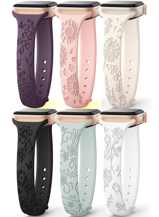 امسكاي مجموعة AMSKY من 6 أساور رفيعة محفورة بنقوش زهرية، متوافقة مع ساعات Apple Watch بمقاسات 40 مم، 41 مم، 42 مم، 38 مم، 44 مم، 45 مم، 46 مم، 49 مم، للنساء. سوار رياضي أنيق من السيليكون لساعات iWatch Series 10 Ultra و9 و8 و7 و6 و5 و4 و3 و2 و1 وSE. - Image 1