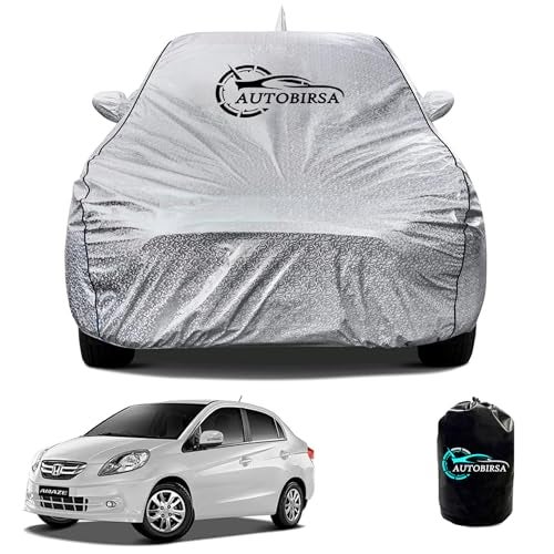 AUTOBIRSA Waterproof Car Body Cover for Honda Amaze Old with Mirror and Antenna Pocket and Soft Cotton Lining (4 Side Elastic Triple Stitched & Metallic Silver with Black Piping Style) - Image 1