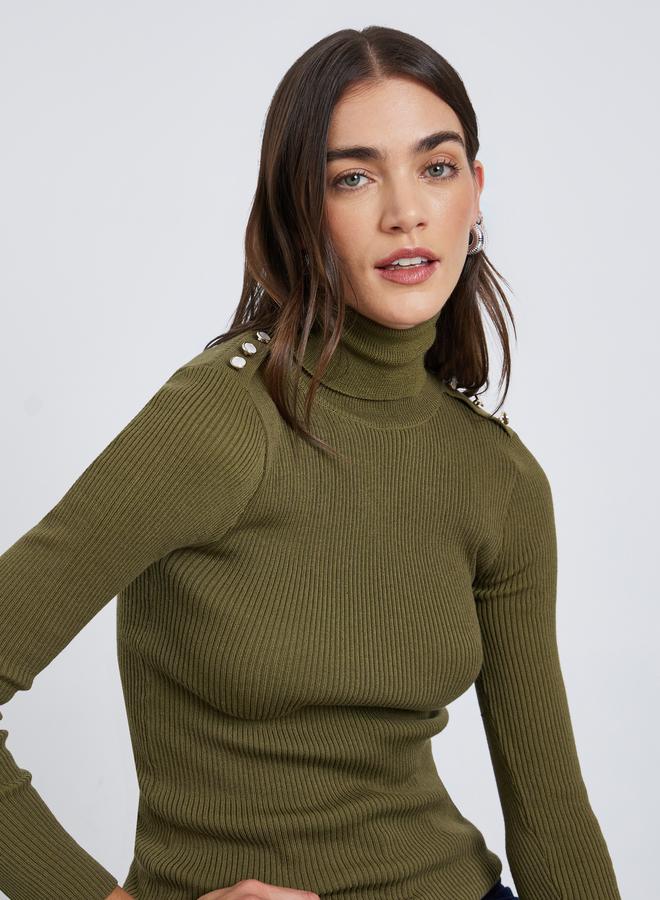 Styli Olive Green Ribbed Turtleneck Sweater - Image 1