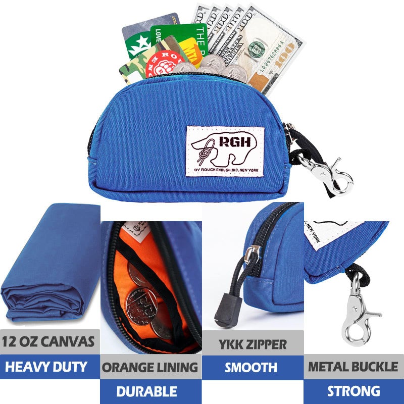 RE ROUGH ENOUGH Rough Enough Small Coin Purse and Card Holder with Clip â€“ Waterproof Canvas & YKK Zipper â€“ Compact Organizer for Earbuds, Cards, Cash (Blue) - Image 4